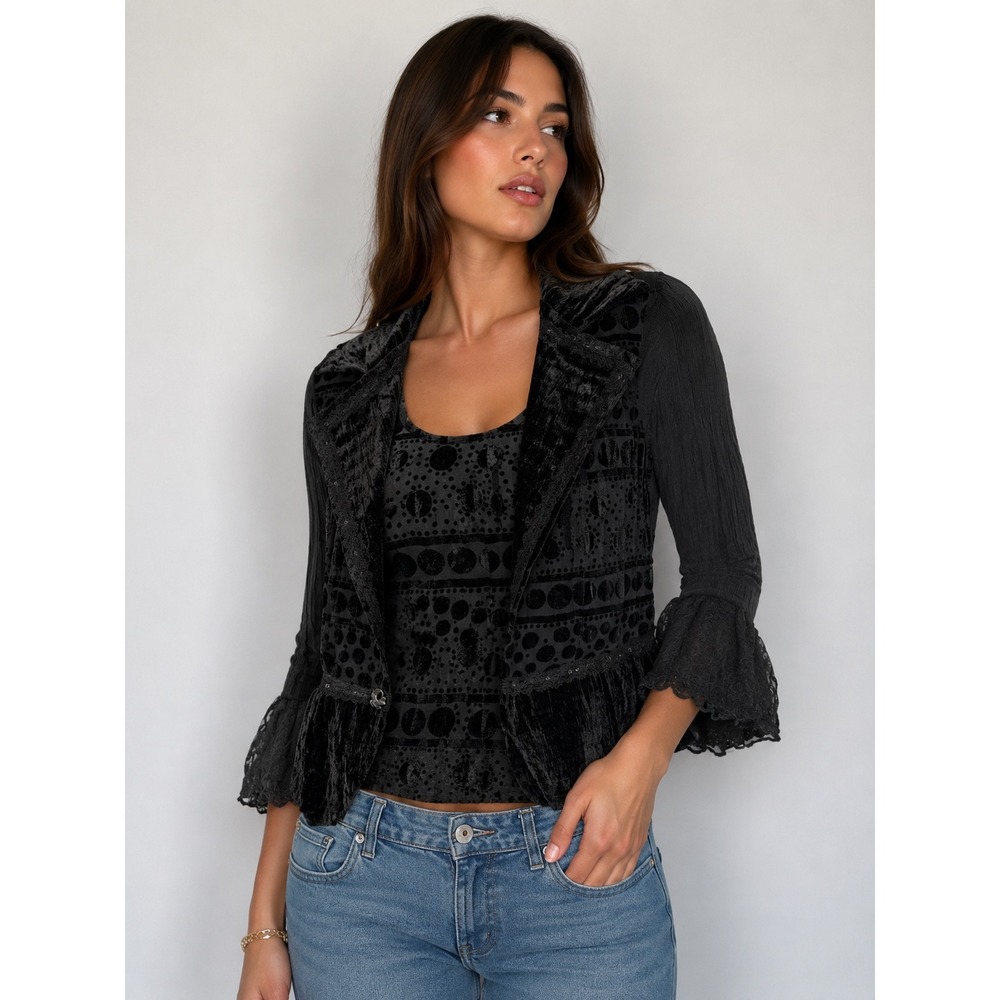 Vintage Makali Black Velvet Burnout Jacket Set Whimsy Goth Fairy Dark Romantic M